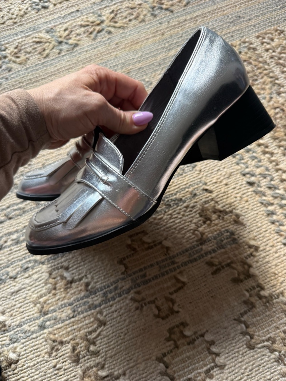 Metallic Silver Fringe Penny Loafer heels - Picture 6 of 8